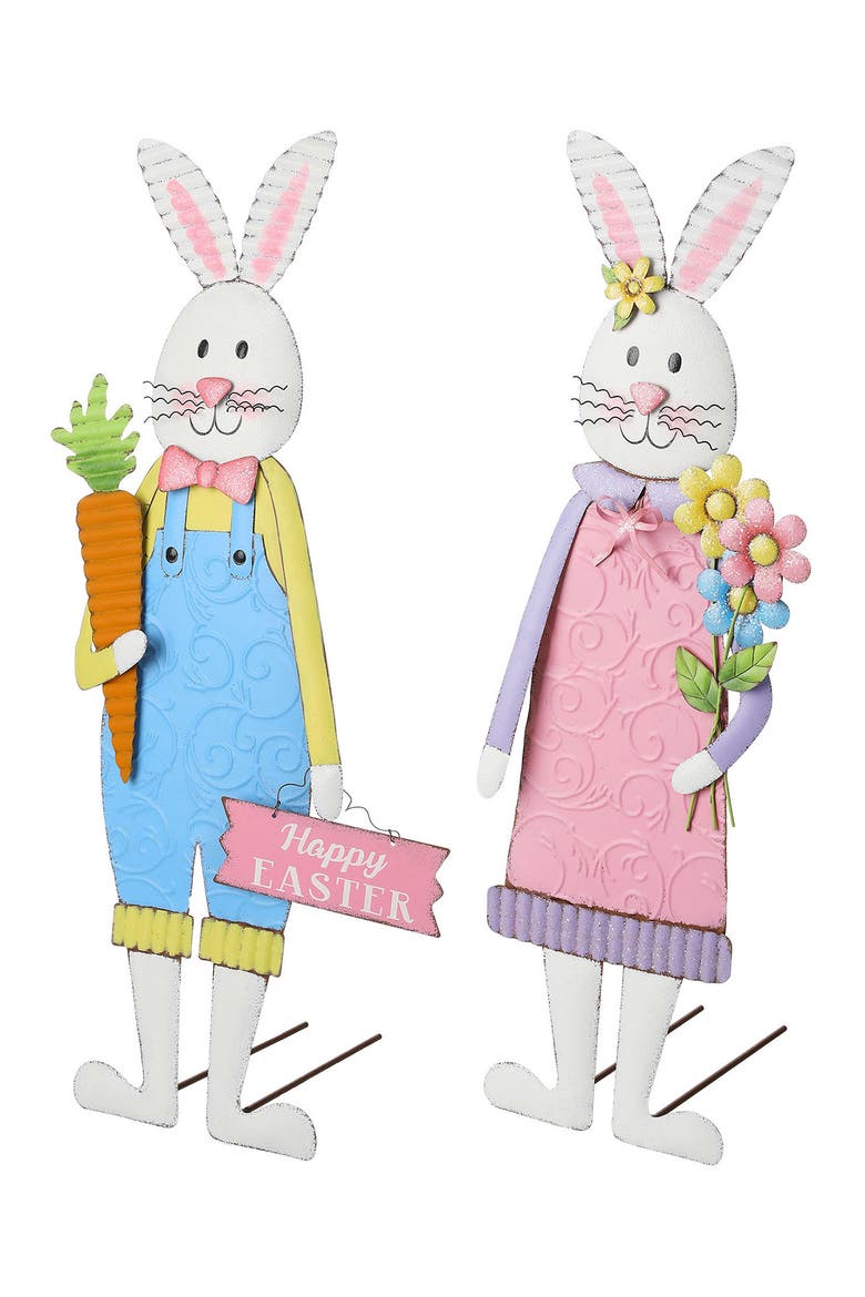 Set of 2 Metal Bunny Boy and Girl Yard Stake or Standing Decor or Wall Decor, Alternate, color, Blue