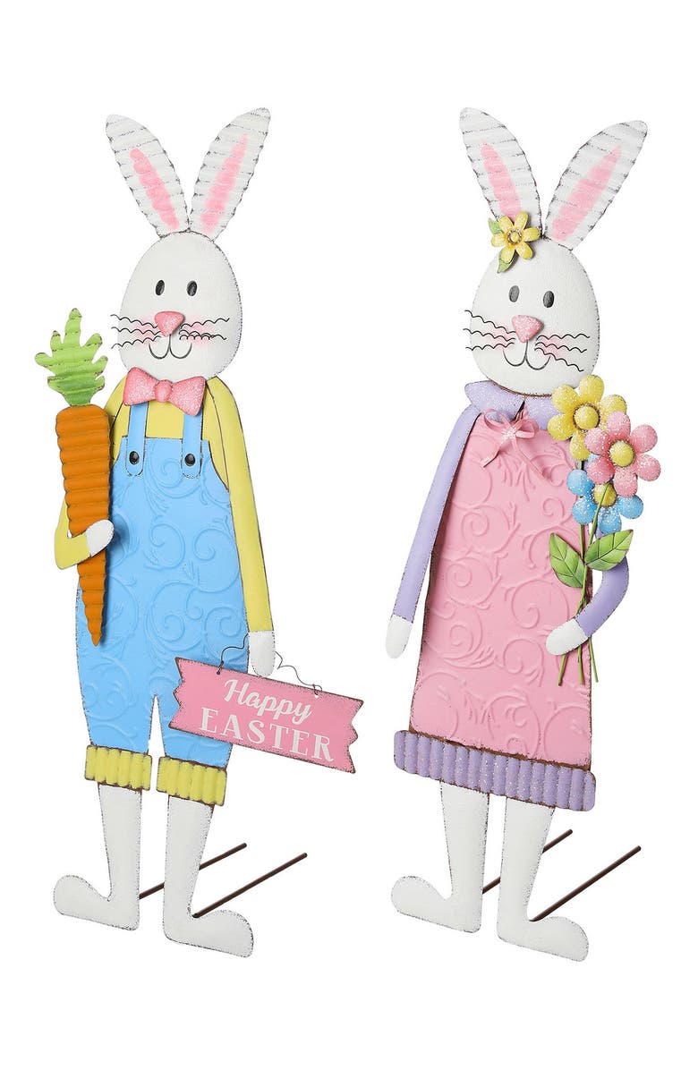 Glitzhome Set of 2 Metal Bunny Boy and Girl Yard Stake or Standing Decor or Wall Decor, Alternate, color, Blue