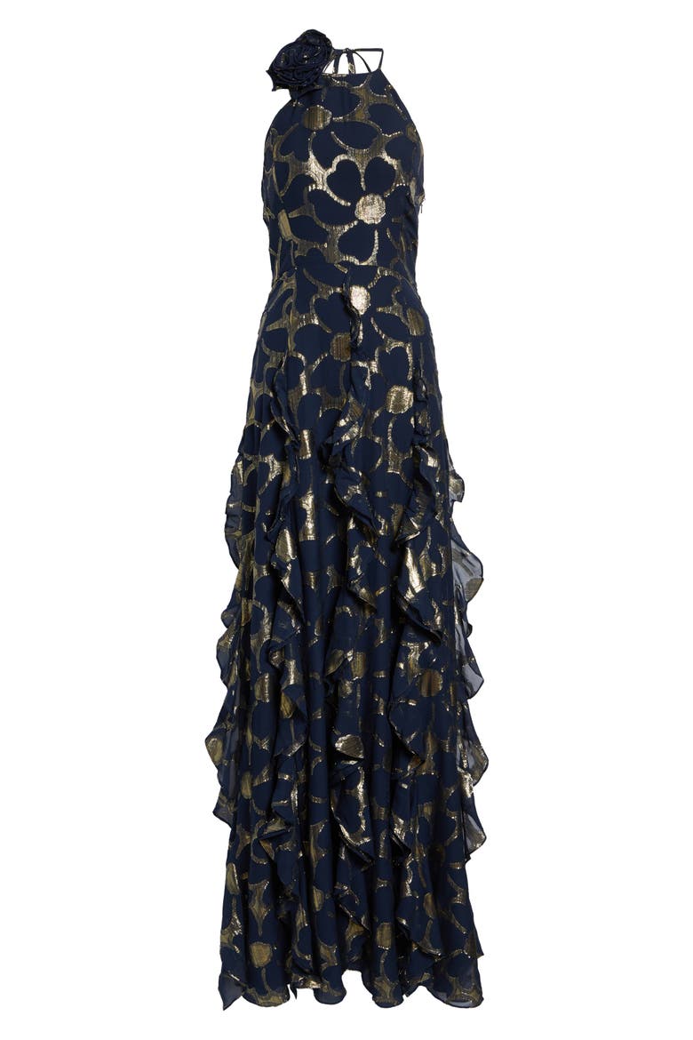Idella Daisy Metallic Ruffle Halter Gown, Alternate, color, NAVY JACQUARD