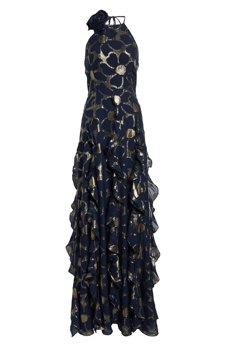Ramy Brook Idella Daisy Metallic Ruffle Halter Gown, Alternate, color, Navy Jacquard