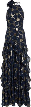 Ramy Brook Idella Daisy Metallic Ruffle Halter Gown