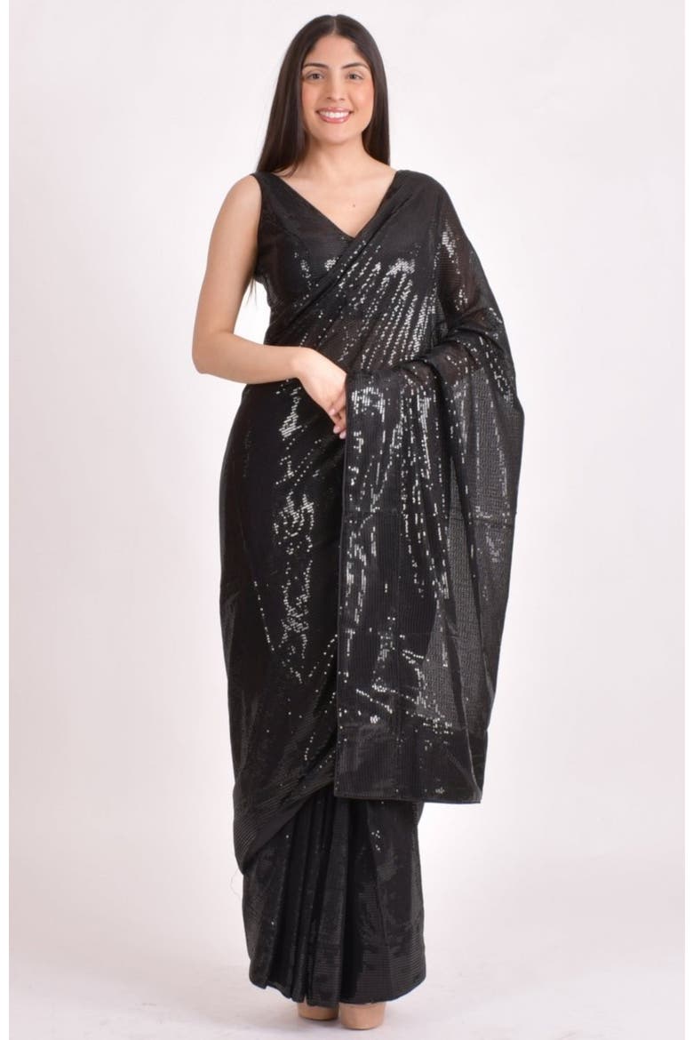 Sequins Pre-Draped Saree, Alternate, color, Black