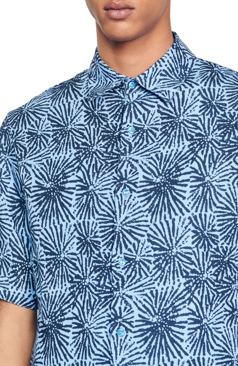 SANDRO Sea Urchin Short Sleeve Lyocell & Linen Button-Up Shirt, Alternate, color, Marine