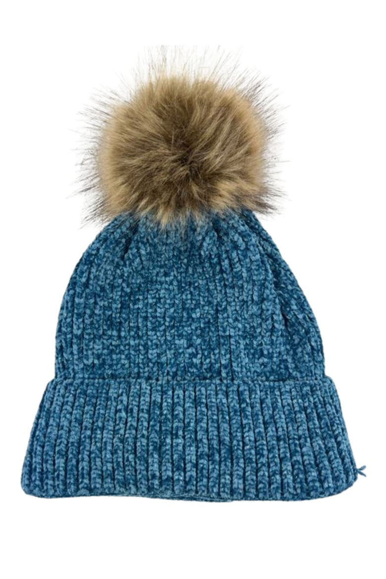 Chenile Faux Fur Pompom Beanie, Main, color, BLUE