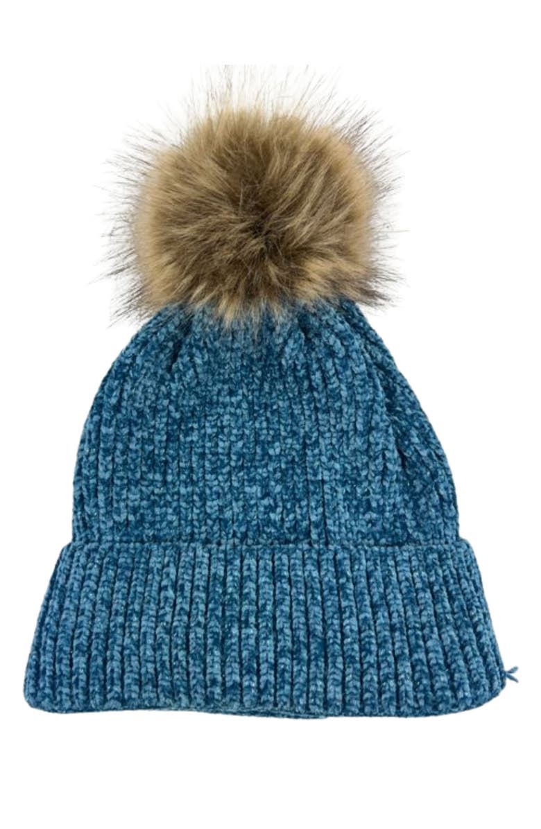 MARCUS ADLER Chenile Faux Fur Pompom Beanie, Main, color, Blue