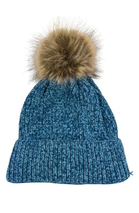 Chenile Faux Fur Pompom Beanie