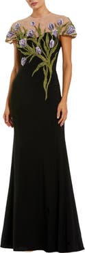 Mac Duggal Petite Jersey Floral Embroidered Illusion Neck Gown