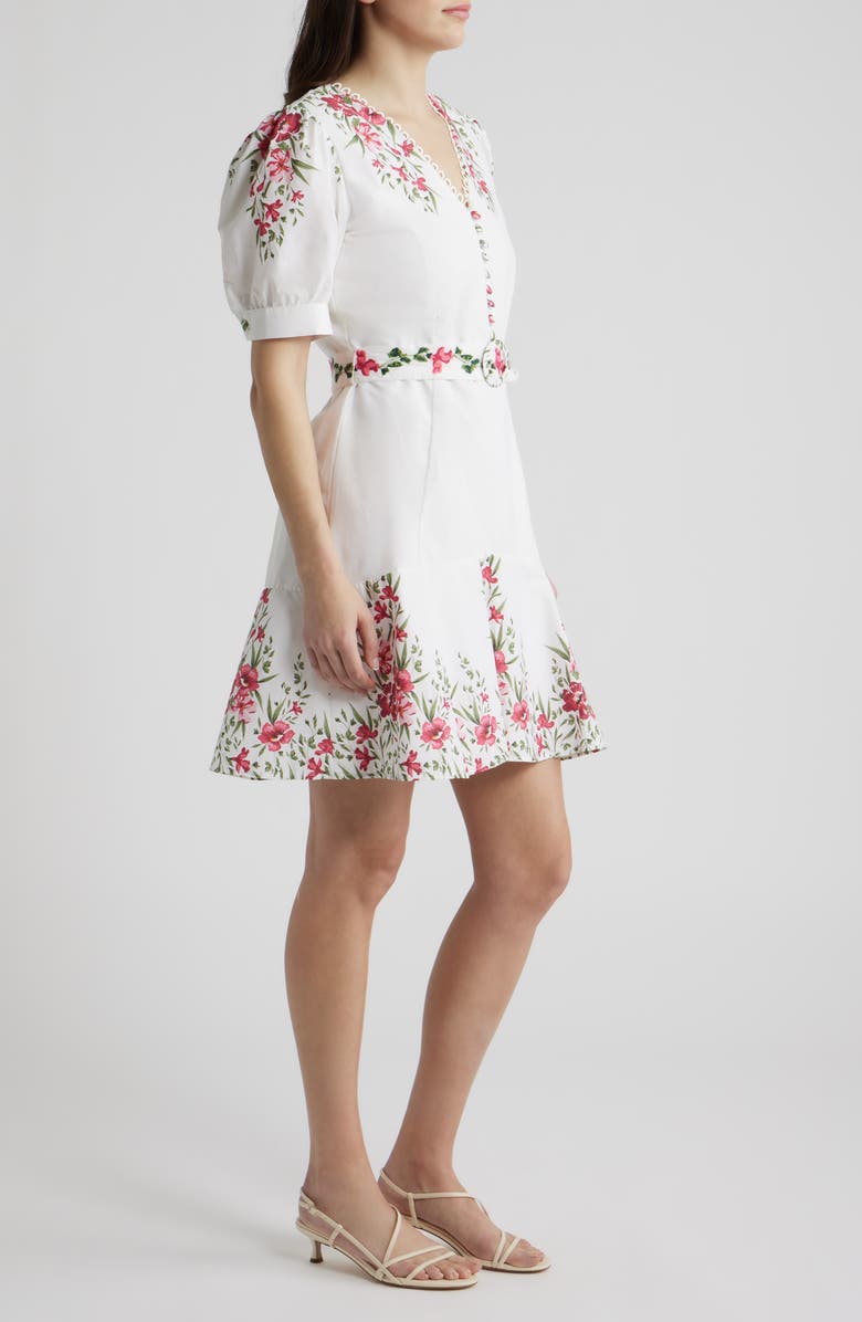 CeCe Floral Belted Puff Sleeve Midi Dress, Alternate, color, Ultra White
