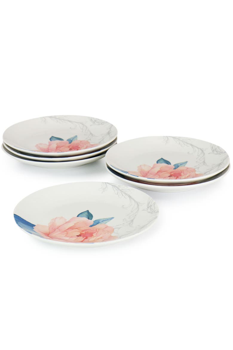 8 Inch Fine Ceramic 6 Piece Floral Decorated Dessert Plate Set, Alternate, color, White