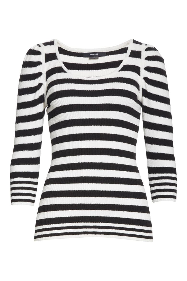 Puff Sleeve Stripe Cotton Blend Sweater, Alternate, color, BLACK/ WHITE STRIPE