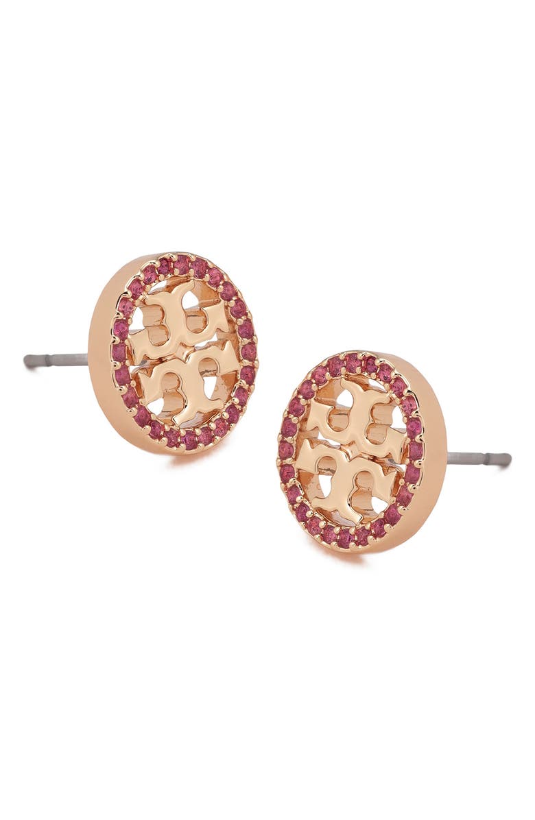 Tory Burch Icon Pavé Circle Stud Earrings, Alternate, color, Tory Gold / Ruby