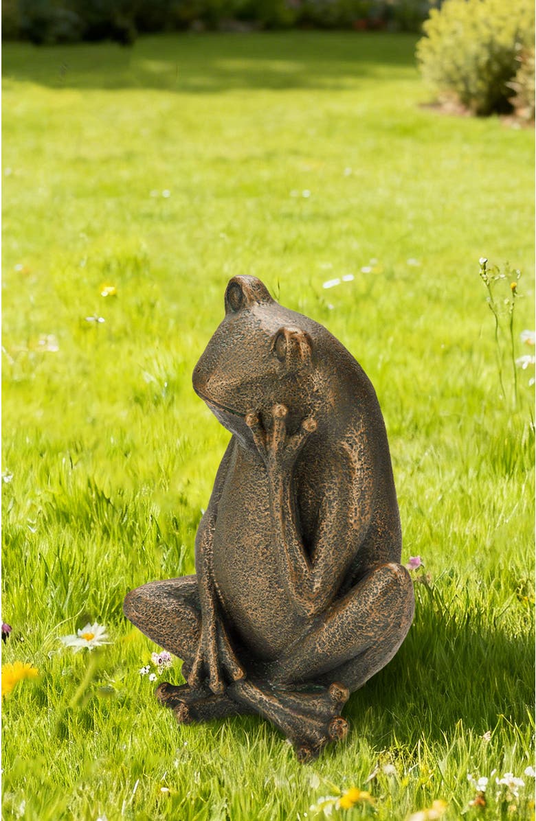 Glitzhome 12"H Resin Bronze Sitting Frog Statue, Alternate, color, Brown