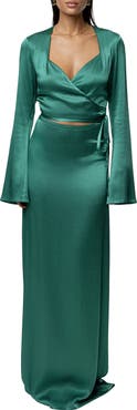 JLUXLABEL Golden Eve Satin Long Sleeve Top & Maxi Skirt Set