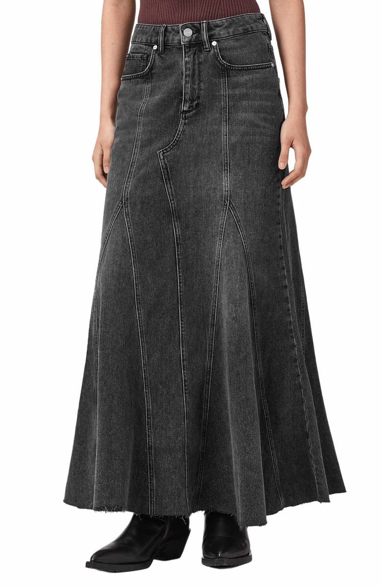 AllSaints Alma Flare Denim Maxi Skirt, Main, color, Washed Black
