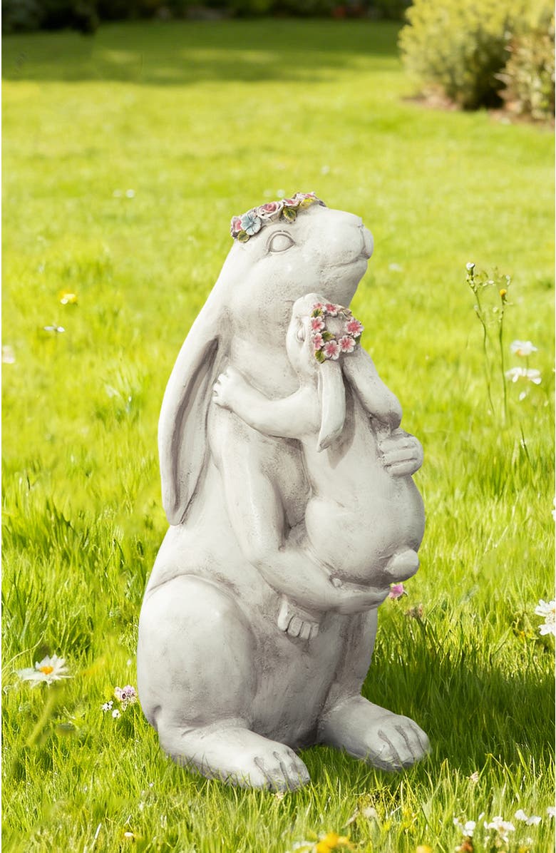 Glitzhome 17"H MGO Hugging Mom and Baby Rabbit Statue, Alternate, color, White