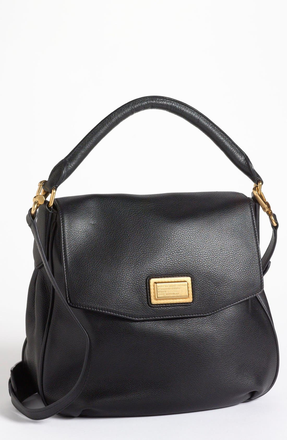 MARC BY MARC JACOBS Leather Flap Hobo, Main, color, BLACK