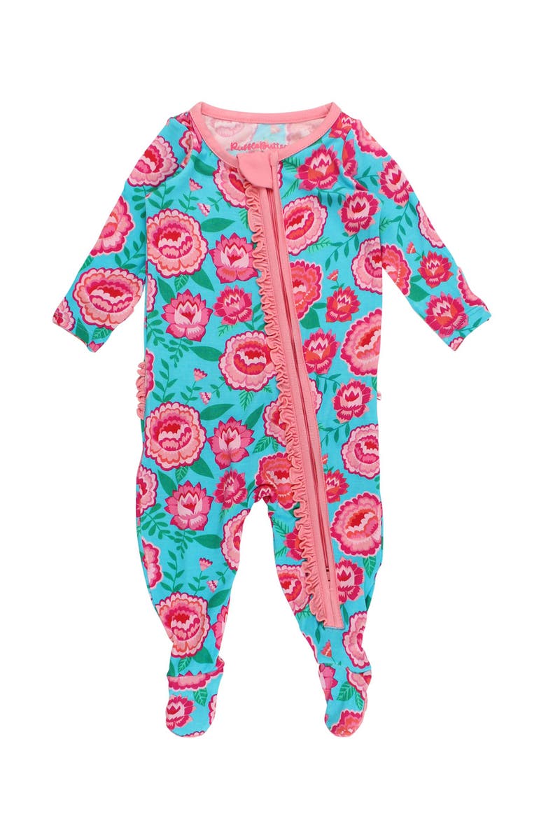 RuffleButts Baby Girls SoftSnooze Ruffle One Piece Footie Pajama, Main, color, Bright Blossoms