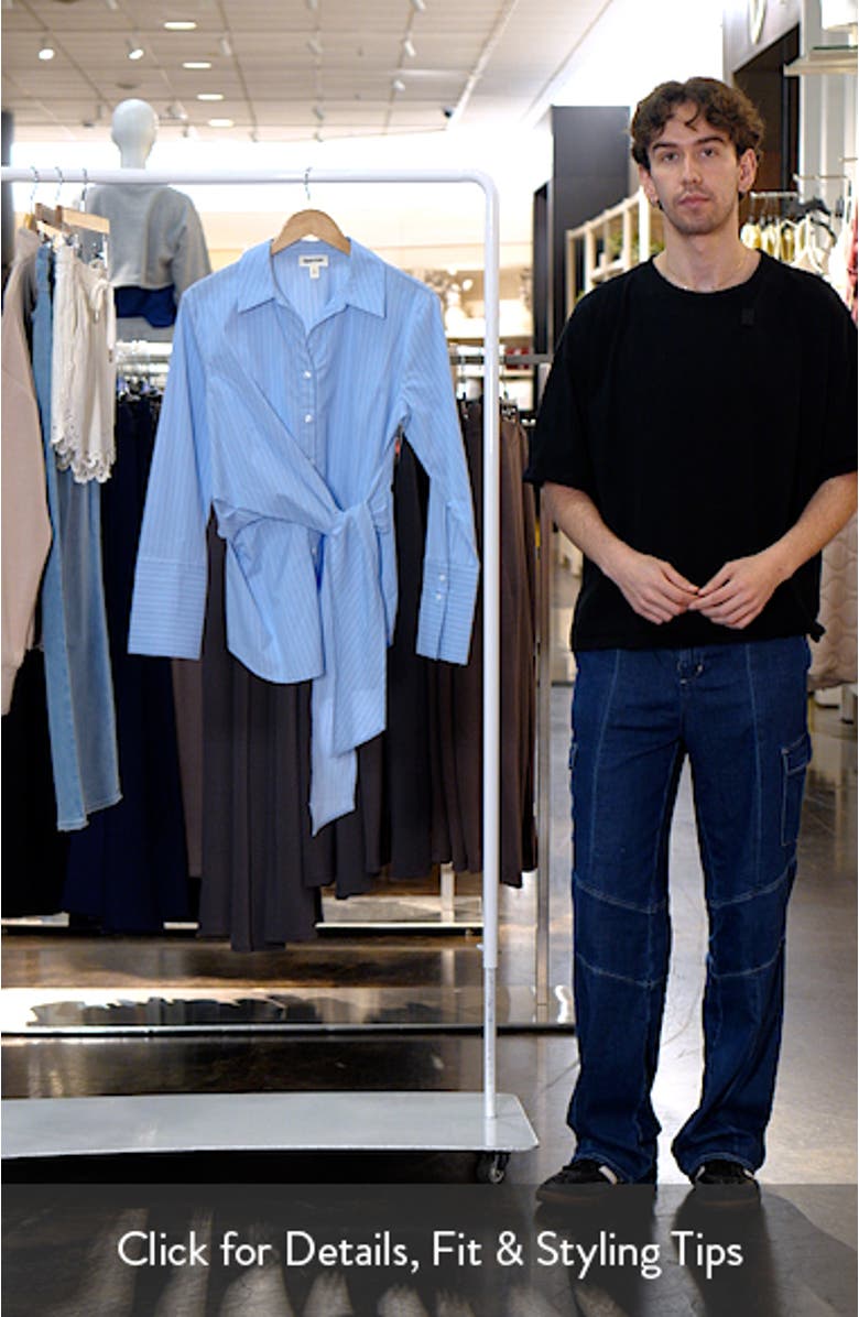 Pinstripe Button-Up Tie Waist Poplin Top, sales video thumbnail