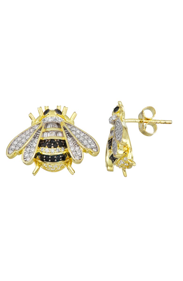 FZN 14K Gold Plated Sterling Silver Pavé CZ Bee Stud Earrings, Main, color, Yellow Gold