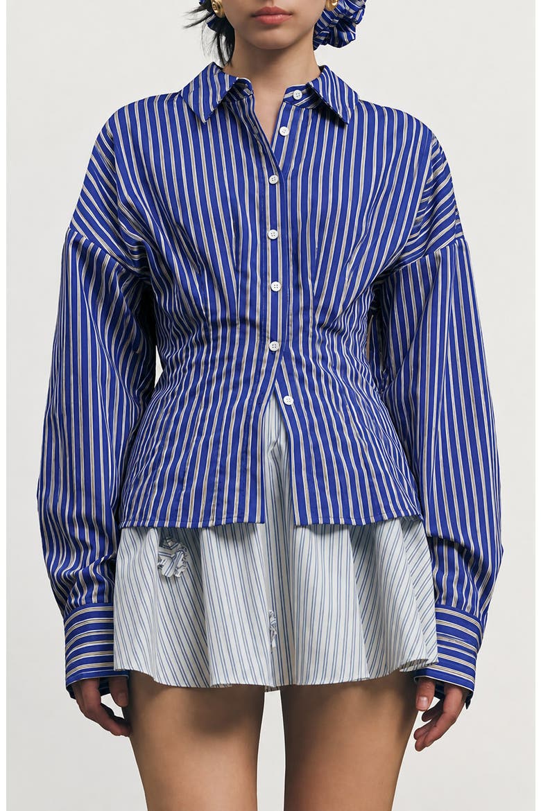 Hadley Pleated Stripe Cotton Blend Button-Up Top, Main, color, BLUE STRIPE