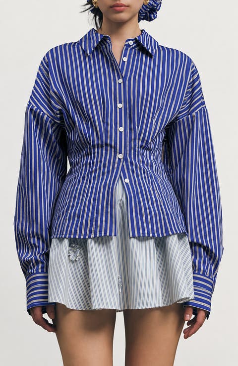 Hadley Pleated Stripe Cotton Blend Button-Up Top