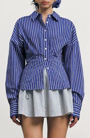 MAUDE CLUB Hadley Pleated Stripe Cotton Blend Button-Up Top
