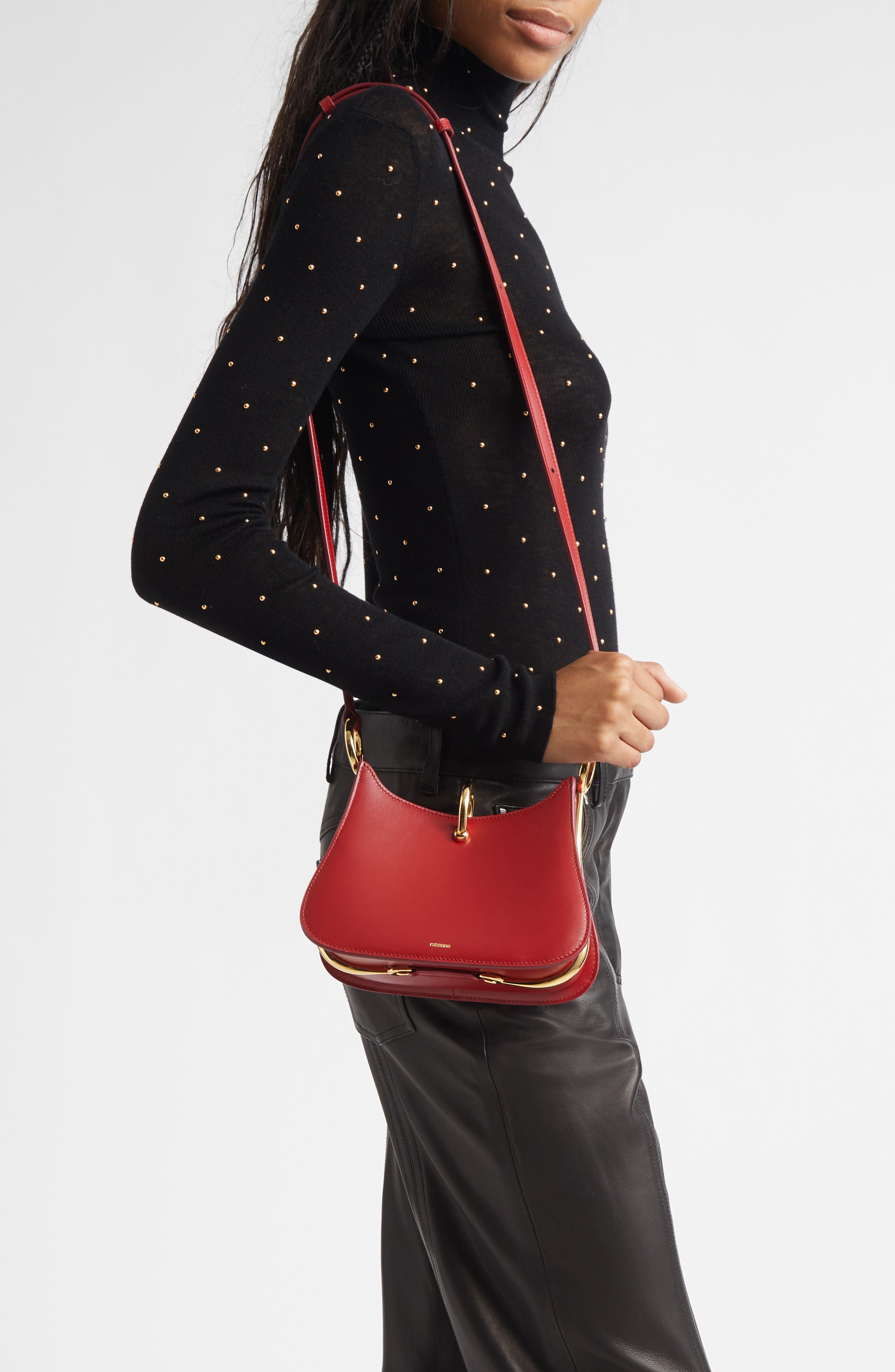 The Small Ring Leather Shoulder Bag, Alternate, color, RED