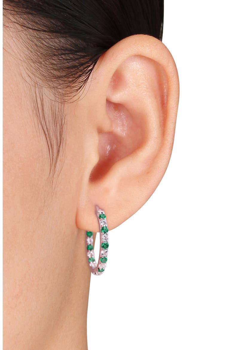 Sterling Silver Created Emerald & Created White Sapphire Hoop Earrings, Alternate, color, GREEN