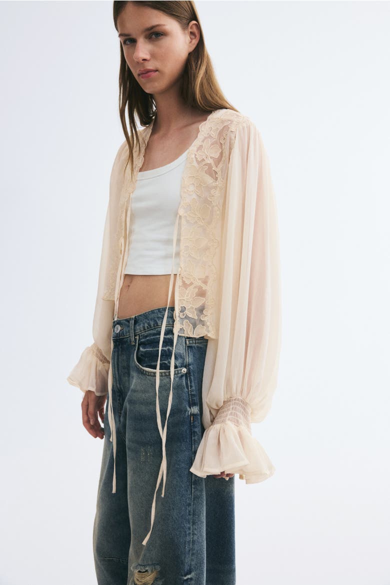 Lace-Trimmed Balloon-Sleeved Blouse, Alternate, color, Pale apricot