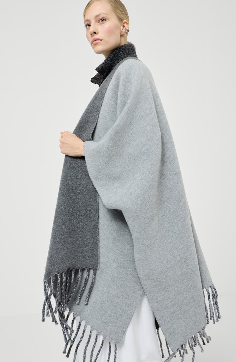 Brunello Cucinelli Wool and cashmere double knit poncho, Alternate, color, Medium Grey