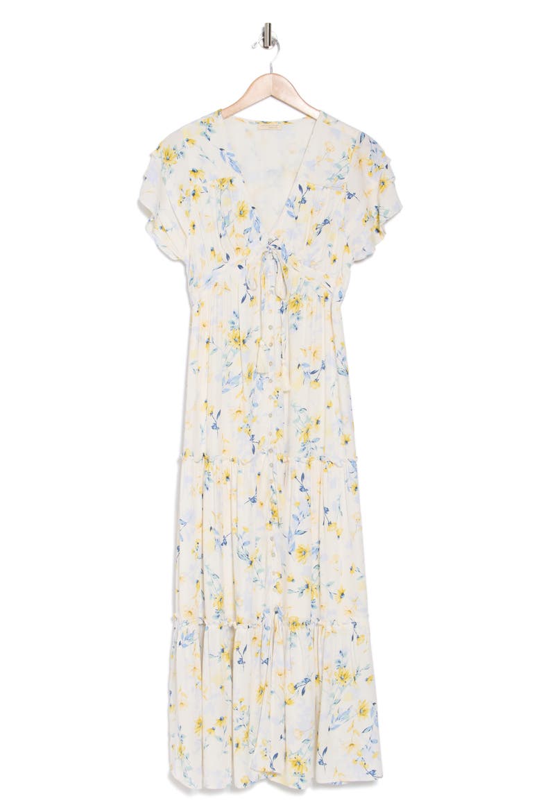 Floral Flutter Sleeve Button Front Tiered Maxi Dress, Alternate, color, CREAM/ YELLOW