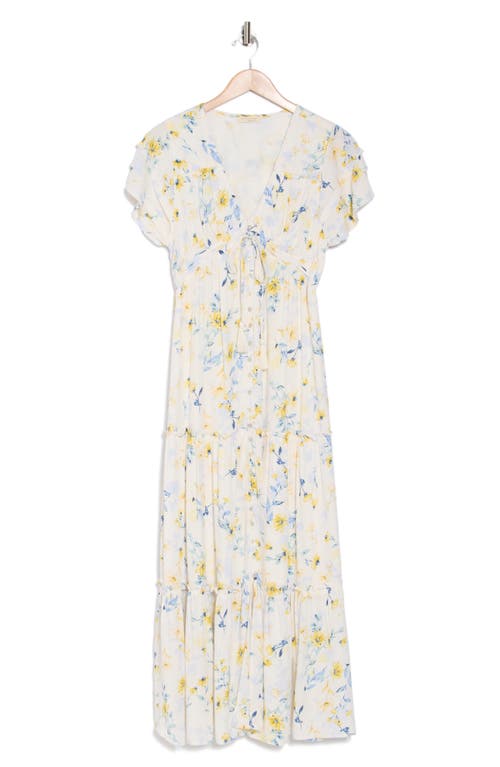 LOVESTITCH LOVESTITCH FLORAL FLUTTER SLEEVE BUTTON FRONT TIERED MAXI DRESS