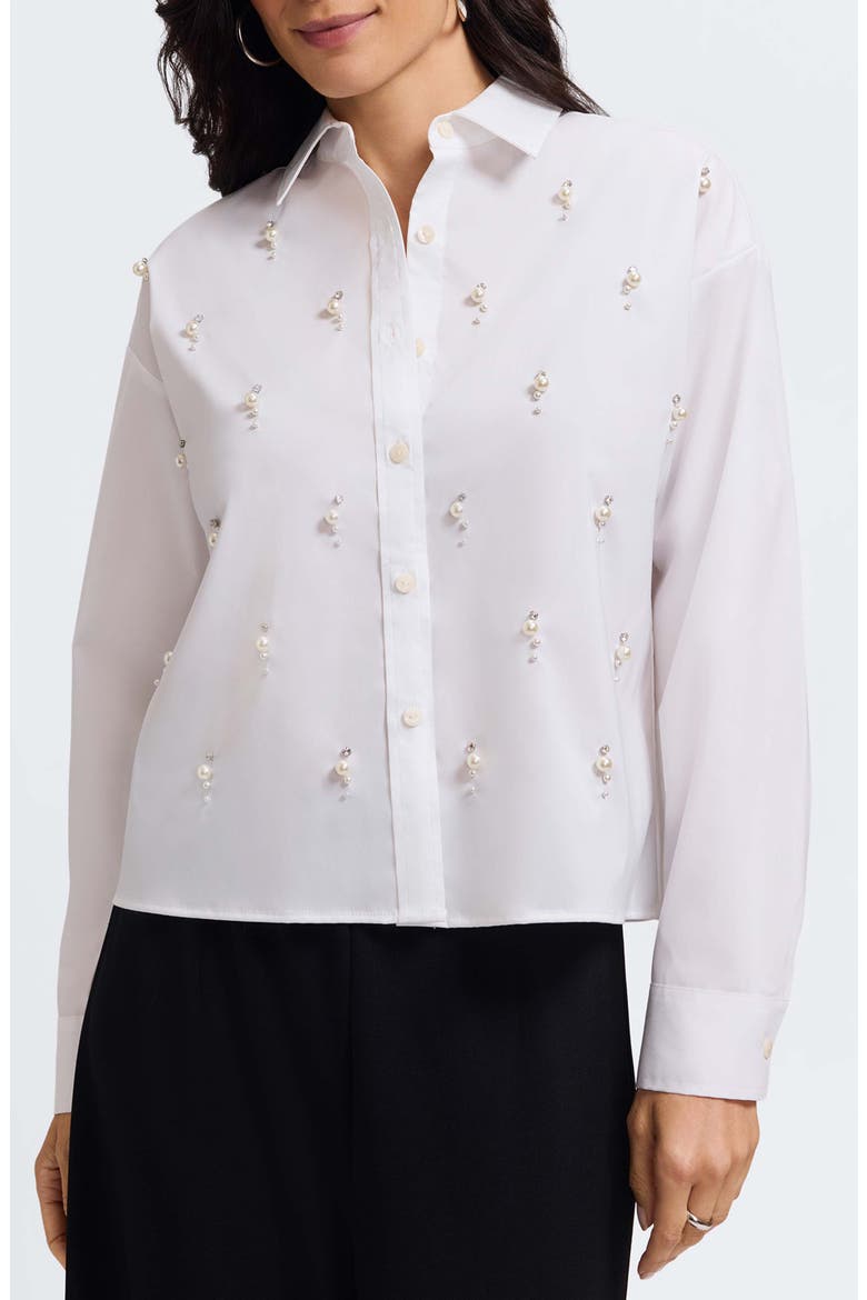 Marina Faux Pearl Embellished Button-Up Shirt, Main, color, WHITE