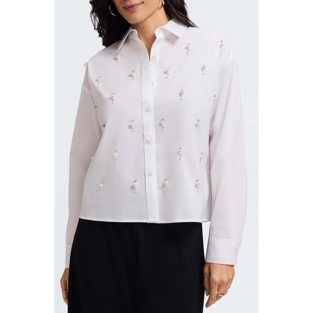 Foxcroft Marina Faux Pearl Embellished Button-up Shirt In White