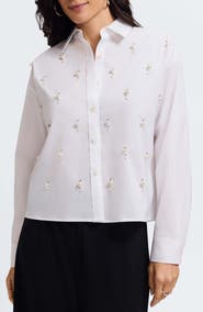 Foxcroft Marina Faux Pearl Embellished Button-Up Shirt