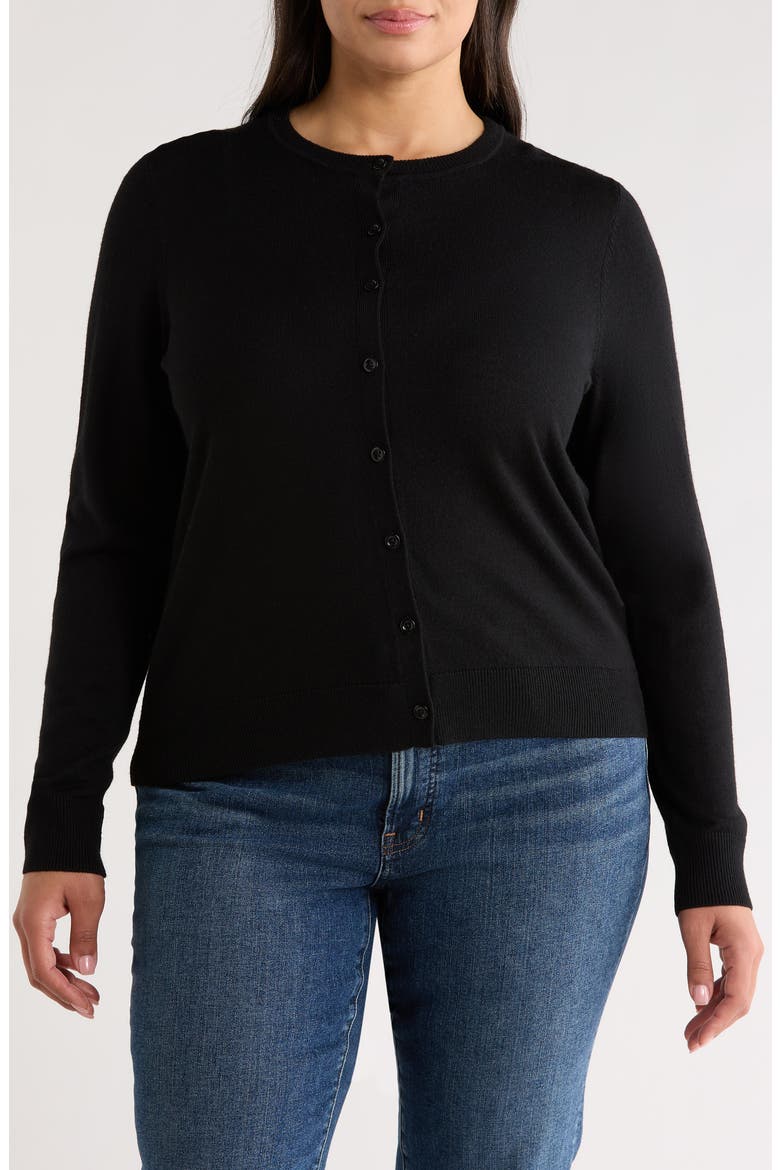 Merino Wool Blend Crewneck Cardigan, Alternate, color, BLACK