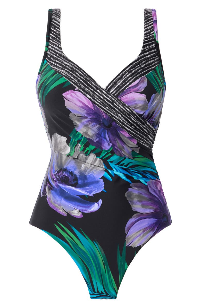 Miraclesuit<sup>®</sup> Flora Aura It's A Wrap One-Piece Swimsuit, Alternate, color, Black Multi