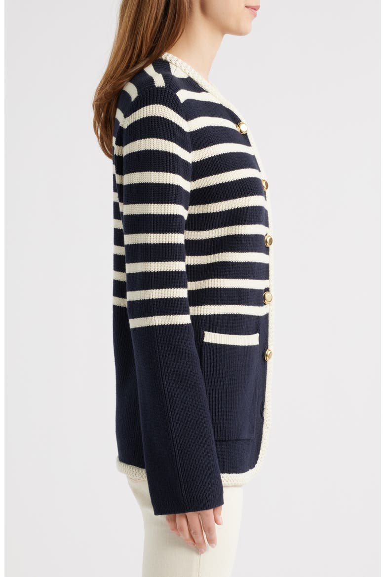 Nora Stripe Cotton Blend Cardigan, Alternate, color, NAVY/ CREAM
