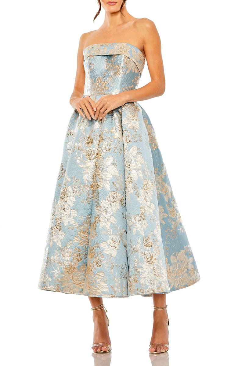 Mac Duggal Strapless Brocade Midi Dress with Pockets, Main, color, Blue Multi