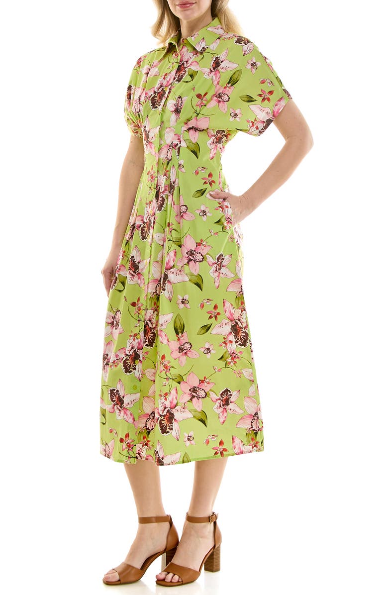 Nicole Miller Pintuck Waist Midi Shirtdress, Alternate, color, Orchid Allover Lime