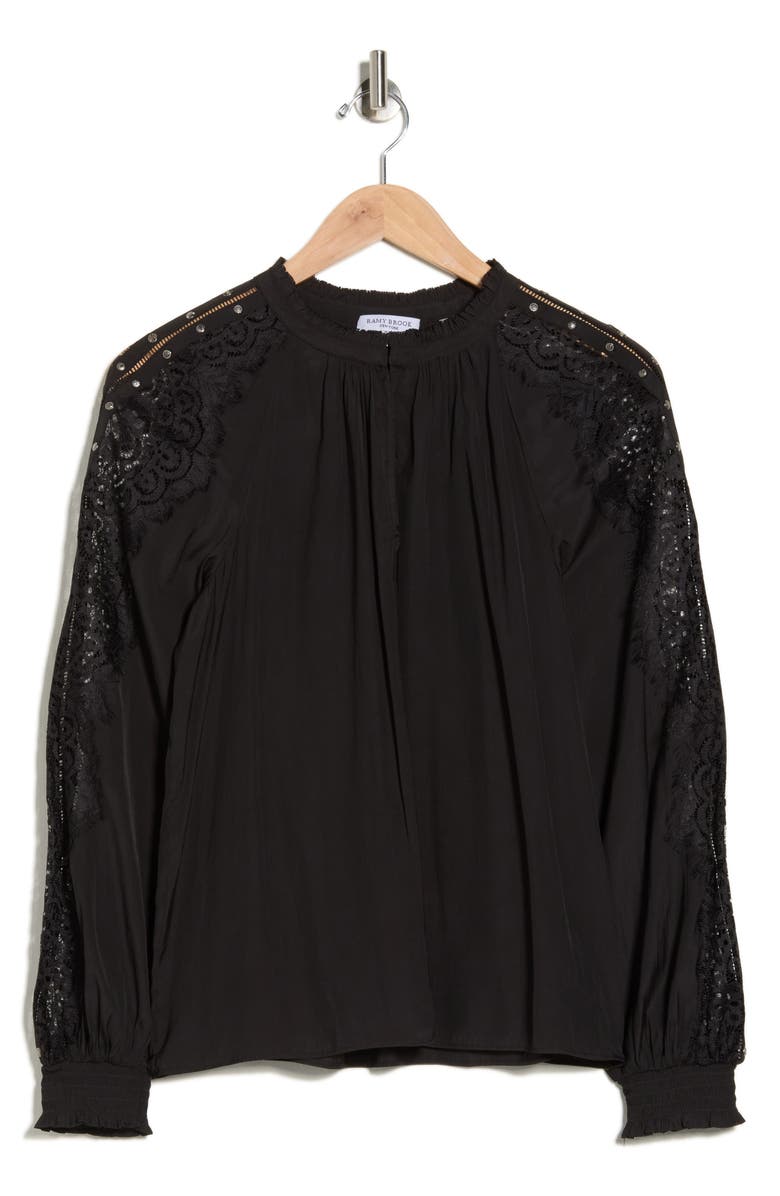 Ramy Brook Agatha Lace Trim Top, Alternate, color, Black