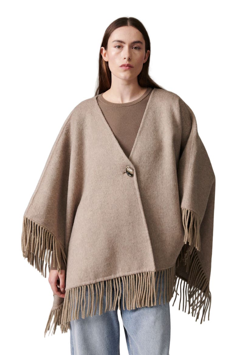Fringed Open Front Poncho, Main, color, Beige Melange