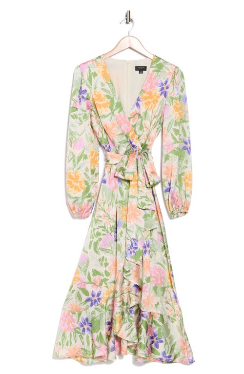 TAHARI ASL TAHARI ASL FLORAL SATIN LONG SLEEVE FAUX WRAP MIDI DRESS