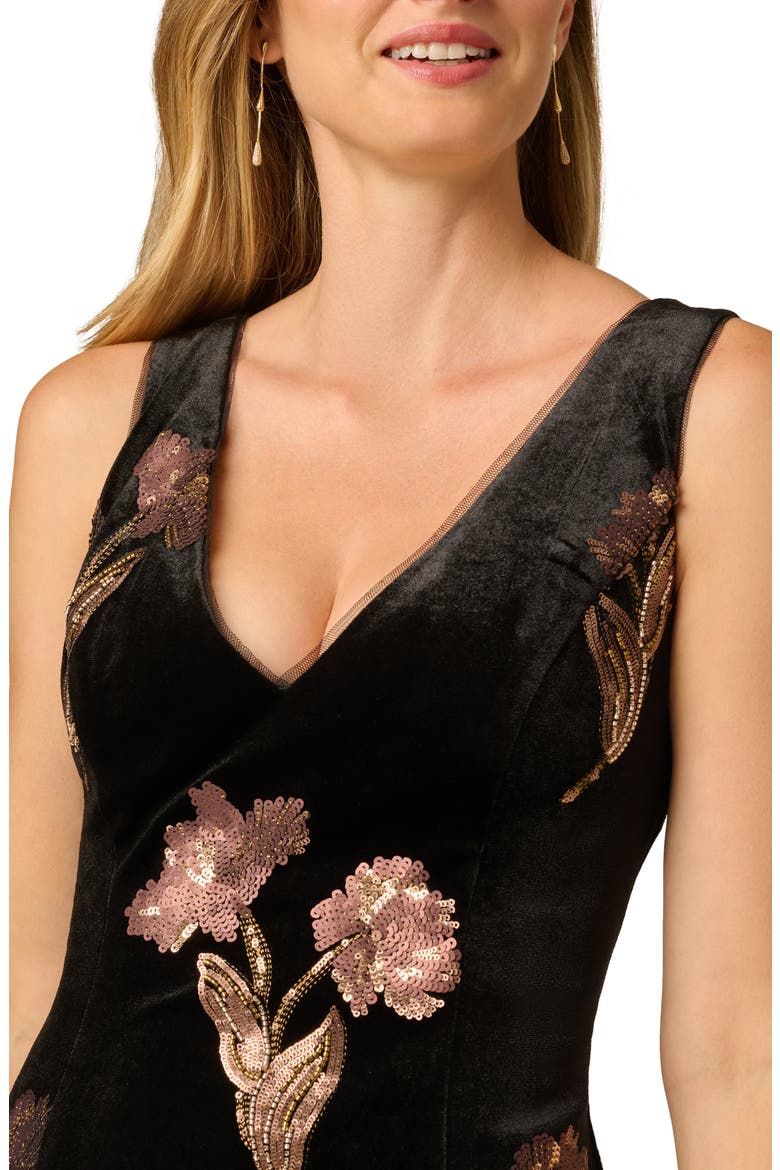 Sequin Floral V-Neck Velvet Sheath Dress, Alternate, color, BLACK/ COPPER