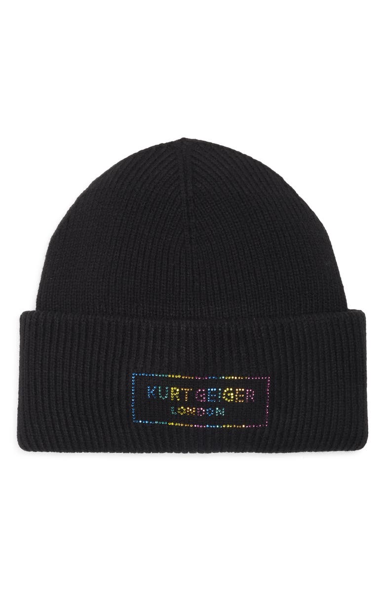 Kurt Geiger London Crystal Logo Beanie, Main, color, Black