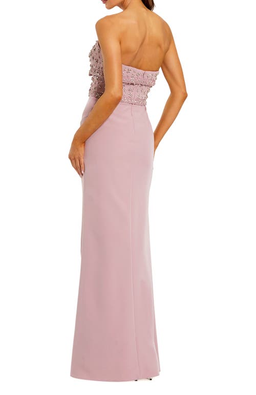 Mac Duggal Strapless Crepe Fitted Gown With Rhinestones In Dusty Rose