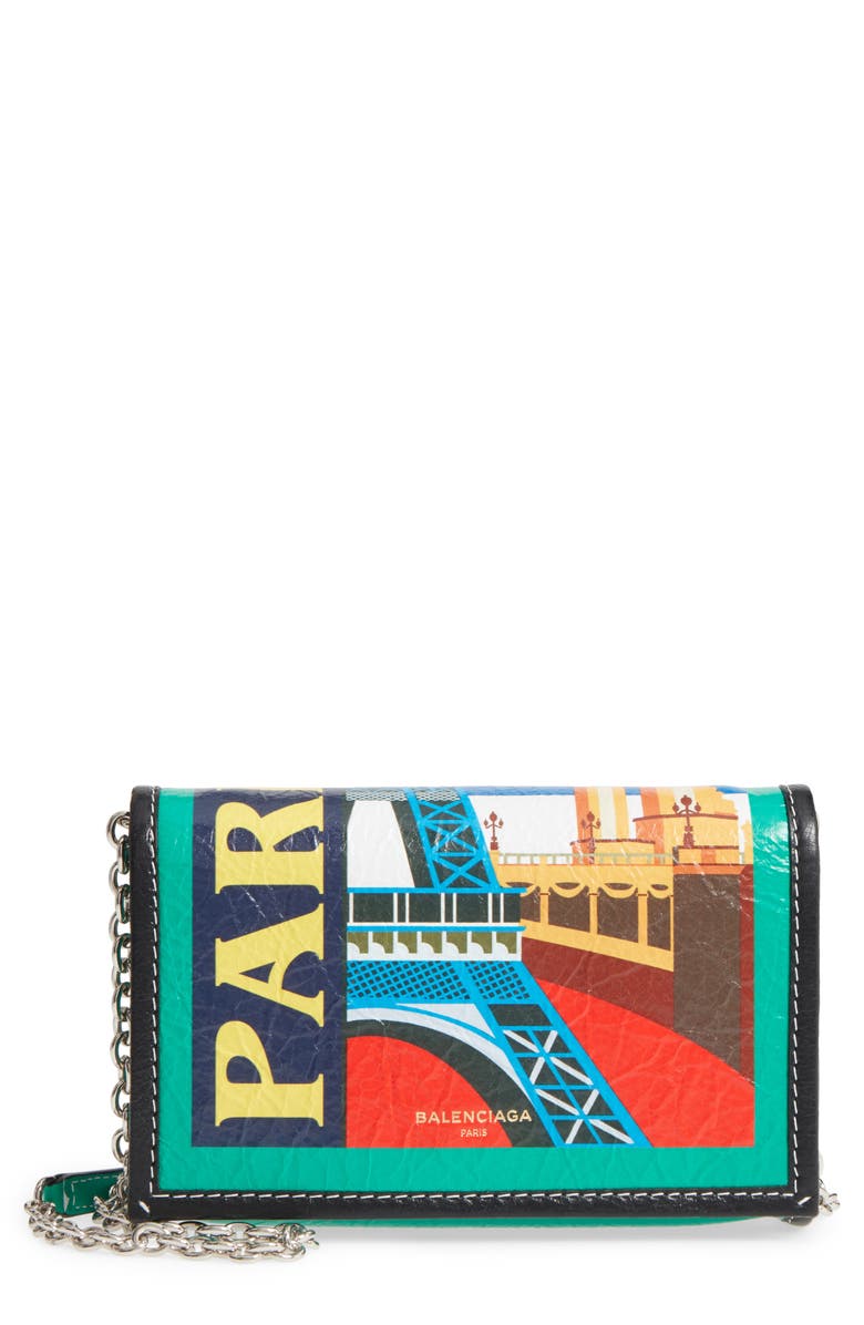 Balenciaga Bazar Printed Leather Wallet on a Chain, Main, color, 