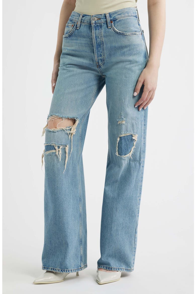 High Waist Ripped & Repaired Wide Leg Jeans, Main, color, AGE WORN BLUE