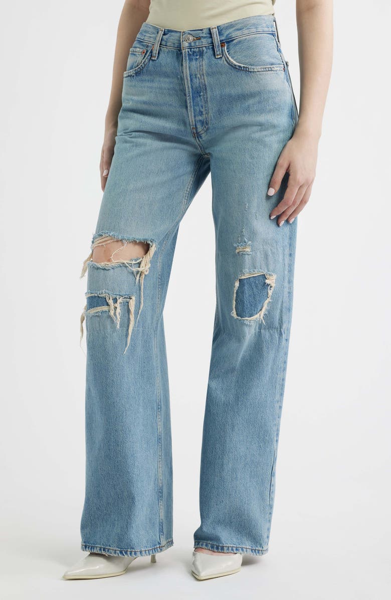 Re/Done High Waist Ripped & Repaired Wide Leg Jeans, Main, color, Age Worn Blue