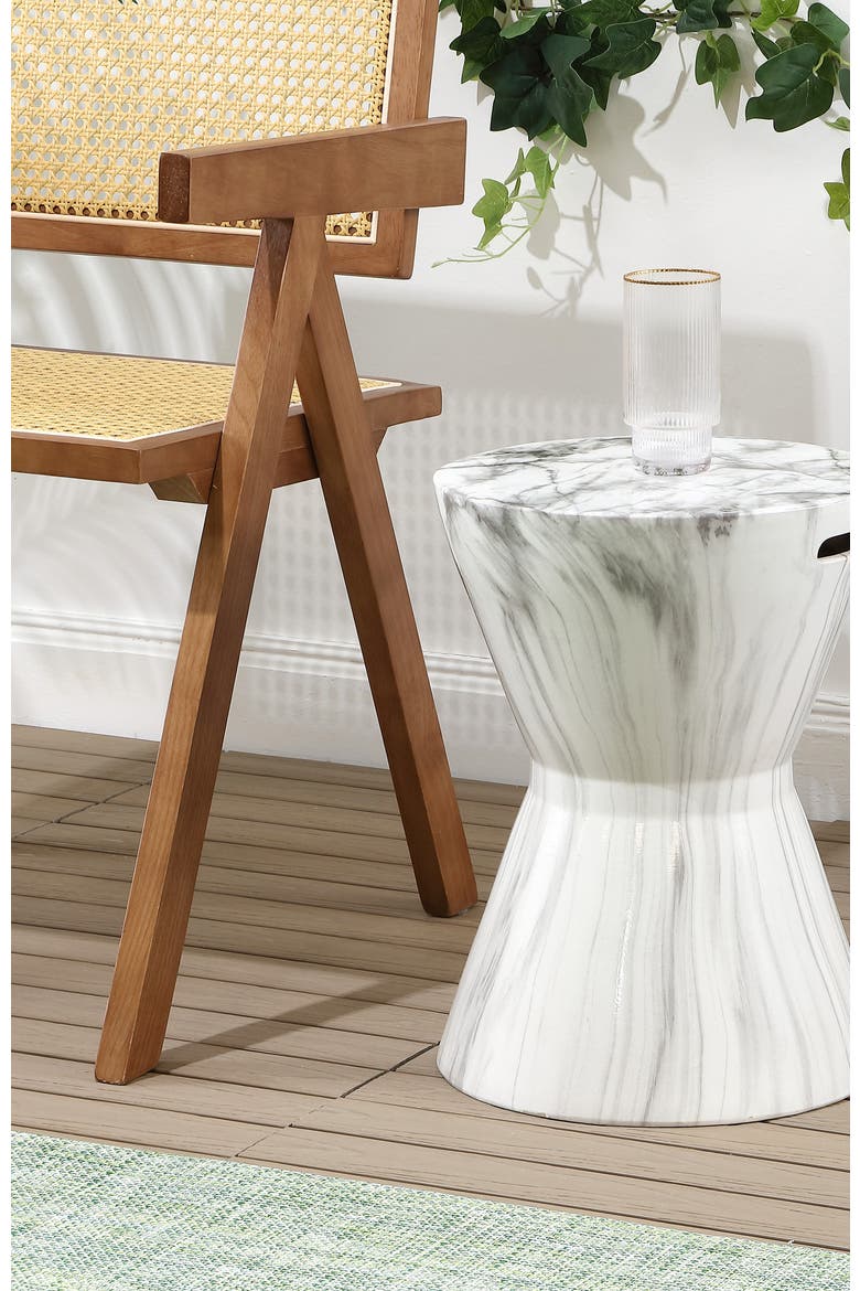African Drum Traditional Marble Finish Floral Chinoiserie Ceramic Drum Garden Stool, Pierced Indoor/Outdoor Patio Seat, Alternate, color, White Marble Finish